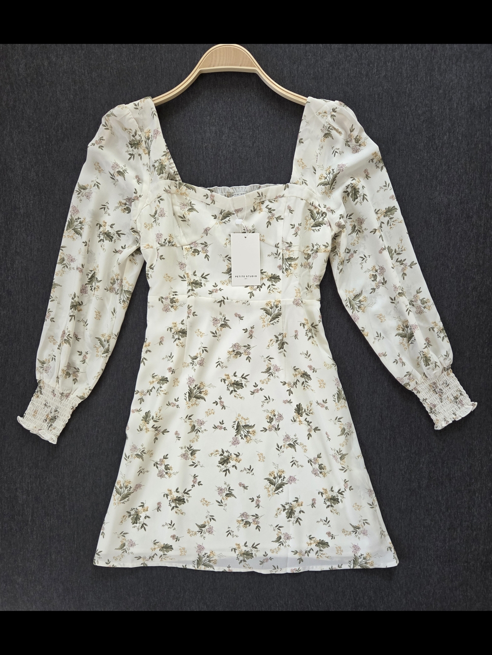 Petite Studio Cream Floral Smocked Long Sleeve Sweetheart Bust Mini Dress, Small